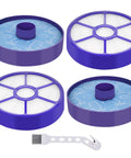 2 Pack Pre Motor Filter And Post Motor Exhaust HEPA Filter Set For Dyson DC33 Upright Vacuums shown with four round filters and cleaning tool.