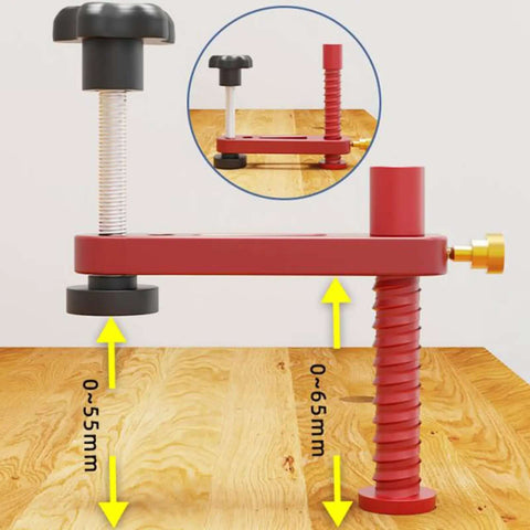 Two Pack Adjustable MFT Bench Clamp, 19mm Aluminum Alloy Dog Hole Clamp, side view showing adjustment range, for woodworking use.