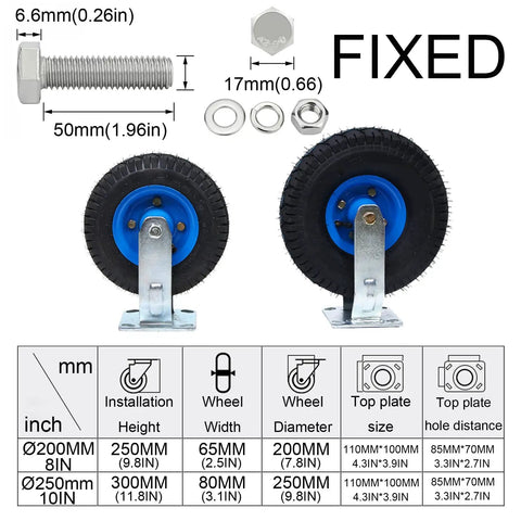Heavy Duty Caster Wheels With Pneumatic Rubber Tires Top Plate Swivel Double Ball Bearing 8 Inch Or 10 Inch Size with dimensions.