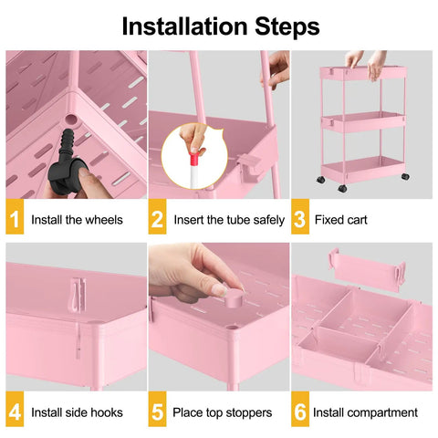 Installation steps for Three Tier Rolling Cart With Wheels Storage Organizer With Casters 3 Hanging Baskets Easy Assembly Perfect For Kitchen Office Living Room Laundry Pink