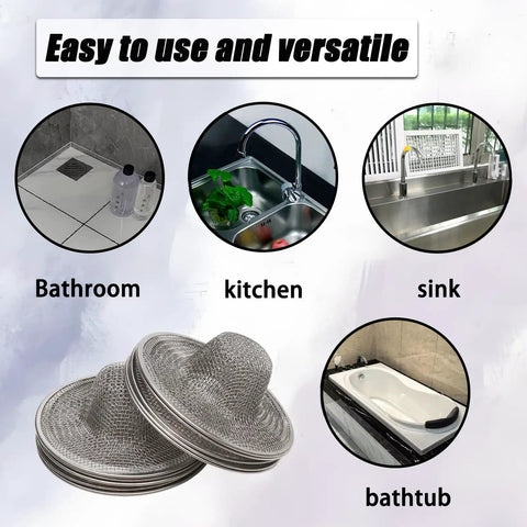 Tough Stainless Steel Sink Strainers 10 Pack Fine Mesh Hair Catcher in kitchen, bathroom, sink, and bathtub settings.