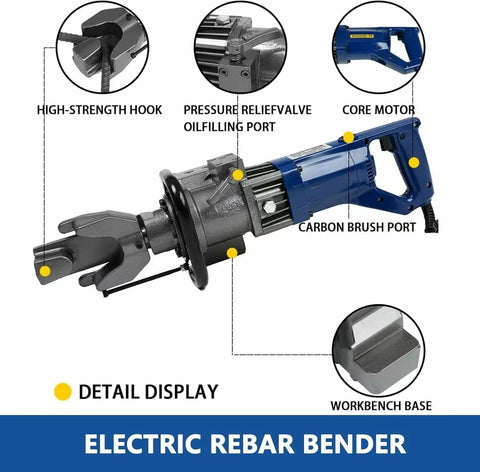 Piefeak 900W Electric Hydraulic Rebar Bender Tool For Steel Copper Rods 5/8 Inch 16mm, showcasing high-strength hook and core motor.