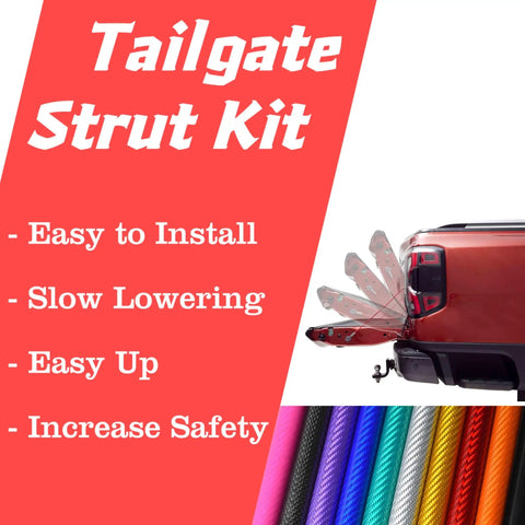 Heavy Duty Carbon Fiber Tailgate Gas Struts For Chevy Silverado And GMC Sierra 1500 2500 3500 showing installation instructions and tailgate open.