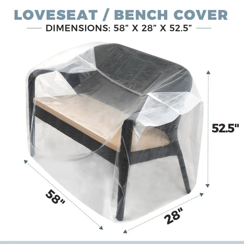 Two Pack Heavy Duty Clear Plastic Patio Bench Cover For Outdoor Furniture Waterproof And Reusable Extra Thick 4mm Cushion Protector Universal Fit For 58 By 28 By 52.5 Inch Loveseats And Cushions Weatherproof showing dimensions
