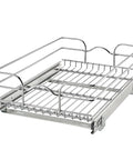 Heavy Duty Chrome Wire Pullout Cabinet Organizer Slick Glide Basket, 14.5x22 inches, for pots and pans storage.