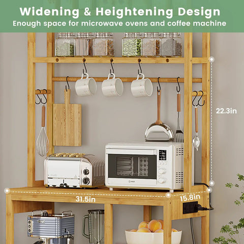 Bakers Rack With Power Outlets And Eight Tier Microwave Stand Bamboo Kitchen Storage Shelf With Ten S Shaped Hooks Coffee Bar