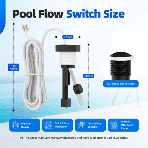 Upgraded Flow Switch Assembly For Hayward Goldline Aqua Rite Salt Chlorine Generator Systems With 15 Foot Cable And Metal Probe Heavy Duty Pool Flow Sensor For Precise Reliable Water Flow And Long Lasting Durability, 15ft cable, 1/2 in threads
