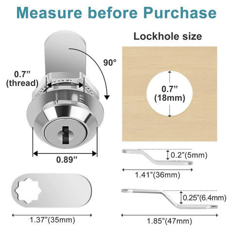 Diagram showing dimensions of Keyed Alike Cam Locks For Cabinets And Drawers Five Eighths Inch Cylinder, chrome finish, zinc alloy.
