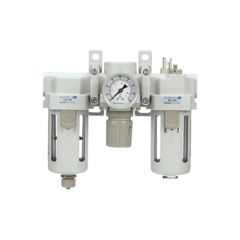 Compressed Air Filter Regulator Lubricator Pro Grade Combo with Gauge and Manual Drain Half Inch NPT Poly Bowl with Metal Guard Includes Bracket