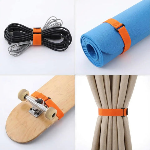 6 Pack Bike Rack Straps 60x2 Cm Adjustable Wheel Stabilizers securing cables, yoga mat, skateboard, and curtains with orange straps.