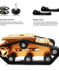 Rock Solid Aluminum Alloy Smart Robot Chassis Kit Rolling Smooth with heavy duty dual drive tracks and components for DIY projects.