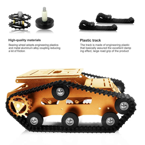 Rock Solid Aluminum Alloy Smart Robot Chassis Kit Rolling Smooth with heavy duty dual drive tracks and components for DIY projects.