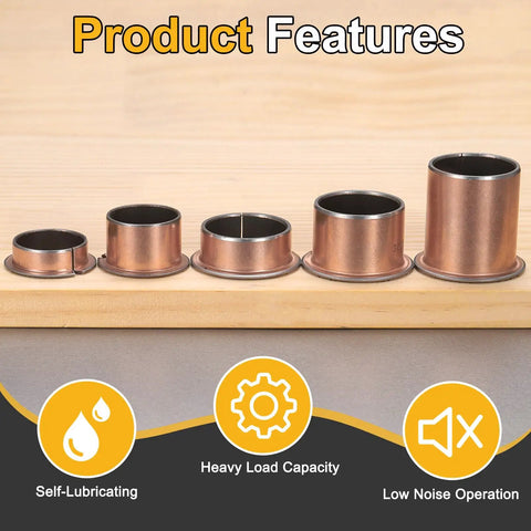 Forty Pcs Flanged Sleeve Bearings Featuring 8mm Bore 10mm OD 6mm Length And 15mm Flange showing various sizes for self-lubricating motion.