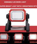 35W 5000LM Corded and Cordless Work Light Powered by Milwaukee 18V Battery or AC with three brightness levels displayed