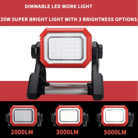 35W 5000LM Corded and Cordless Work Light Powered by Milwaukee 18V Battery or AC with three brightness levels displayed