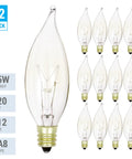 Pack Of 12 40W Clear E12 Flame Tip Dimmable Candelabra Base Chandelier Bulbs, 120V, 4 Inch Bent Tip Glass Lights Display
