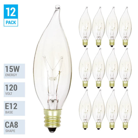 Pack Of 12 40W Clear E12 Flame Tip Dimmable Candelabra Base Chandelier Bulbs, 120V, 4 Inch Bent Tip Glass Lights Display