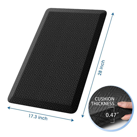 Comfy Cushioned Anti Fatigue Kitchen Mat For Standing Long Shifts Water Resistant Non Slip Floor Rug Desk Mat Perfect For Kitchen Sink Office Laundry 17.3 By 28 Inches shown with dimensions and thickness.