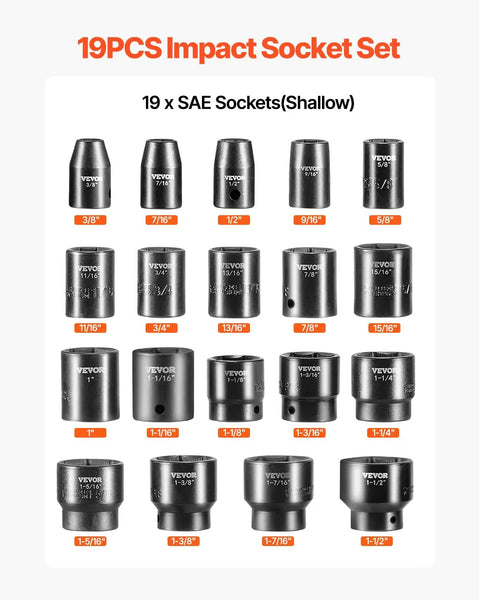 One Half Inch Drive 19-Piece Impact Socket Set Tough As Nails Heavy Duty Alloy Steel SAE Range From Three Eighths Inch To One And A Half Inch 6-Point Hex Sockets arranged in a display grid