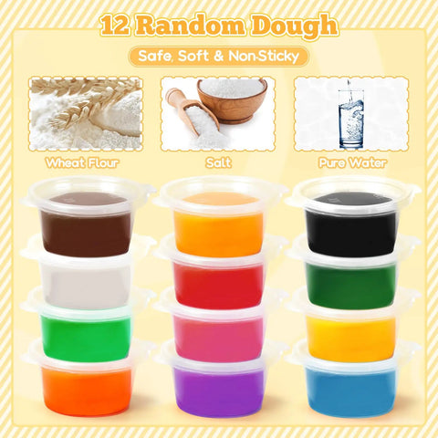 12 containers of colorful dough for 59 Piece 3 In 1 Dough Set For Kids Ages 3 To 8, Art Crafts Dough Tools Kit With Noodle Maker.