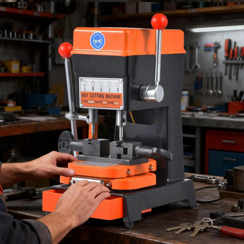 Badass Vertical Cutter And Duplicator Machine With Adjustable Speed Drill Bits For Precision Metal Grooving and No Sweat Door Car Duplication Runs On 110 Or 220 V Plug In Easy Setup with operator using controls.