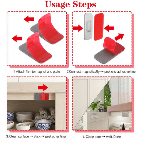 Usage steps of Ultra Thin Magnetic Cabinet Catch Set 20 Pack EZ Install Self Adhesive No Drill Drawer Latches in RV Silver