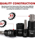 Close-up of 32 Piece Torx Bit Socket Set With Female External Sockets, 14 Star Bits T8 To T70 And 13 E-Torx Sockets E4 To E24.