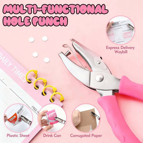 Two Size Single Hole Punch Set With One Quarter Inch And One Eighth Inch, Handy Pink Soft Grip Handheld Paper Punch for various materials.