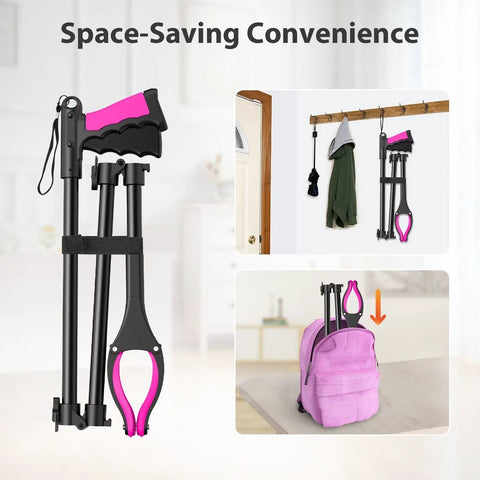 36-inch pink and black foldable reacher grabber tool with 360° rotating jaw and magnets