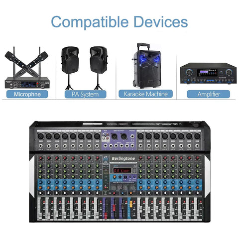 16 Channel Bluetooth Studio Audio Mixer For DJs And Home Studios, USB MP3 Player, 14 Mic Preamps with compatible devices.