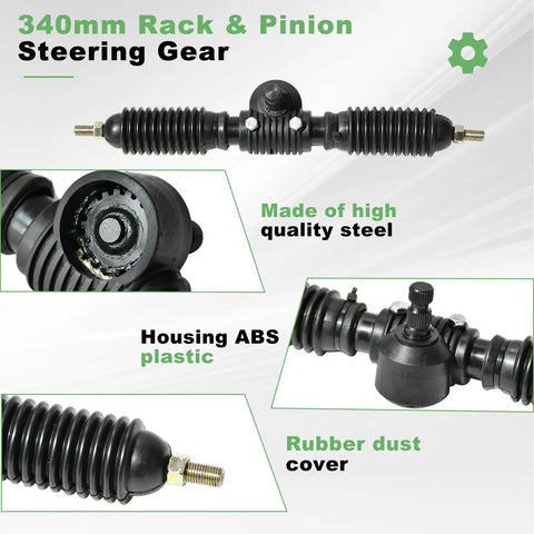 All In One Go Kart Steering Kit With Rugged Rack And Pinion Setup, 340mm rack, ABS housing, rubber dust cover