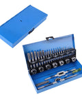 Heavy Duty 32 Piece Thread Tap And Die Set Made From Strong Alloy Steel Includes Adjustable Wrench Pitch Gauge For Fixing Metal Threading On Cars And Machinery Fast. Open blue case with M3-M12 taps, dies, and wrench