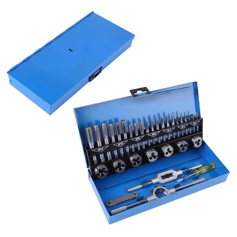 Heavy Duty 32 Piece Thread Tap And Die Set Made From Strong Alloy Steel Includes Adjustable Wrench Pitch Gauge For Fixing Metal Threading On Cars And Machinery Fast. Open blue case with M3-M12 taps, dies, and wrench