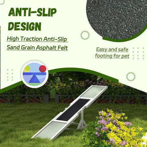 71 Inch Dog Agility Seesaw Outdoor Training Platform with color marked zones, slip-resistant surface in a garden setting.