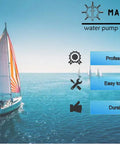 Sailboat on ocean with Marinepro water pump repair parts logo and features like professional, easy to install, durability.