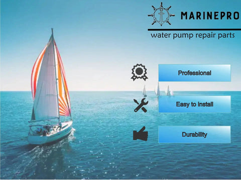 Sailboat on ocean with Marinepro water pump repair parts logo and features like professional, easy to install, durability.