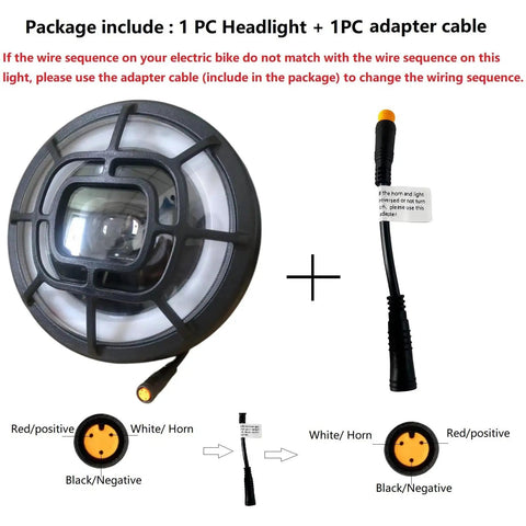 Fat Tire E Bikes LED Headlight With 3 Pin Waterproof Connector And 80 To 100 DB Horn Bright Front Light For 36V 48V E Bikes High Intensity LED Beam 83 To 127 Lux Safe Night Riding Durable Bicycle Front Lamp