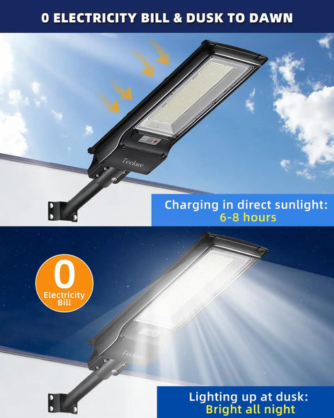 1500W Solar Street Light Outdoor Waterproof Dusk To Dawn Motion Sensor Flood Lights IP67 charging and lighting display
