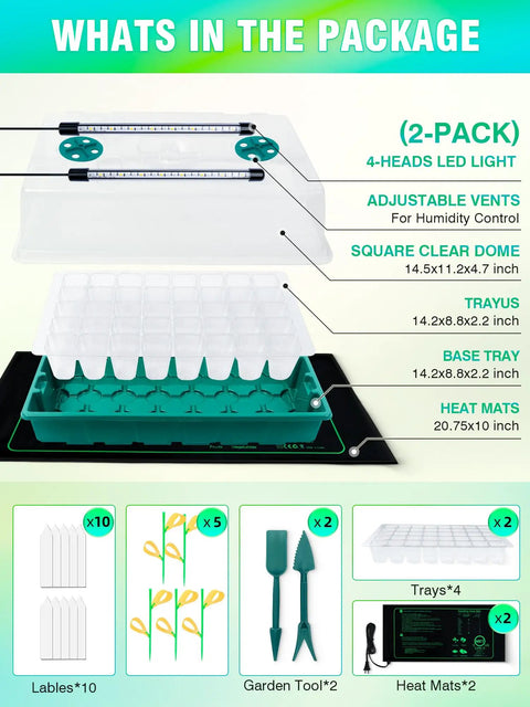 Seed Starter Kit With Grow Lights And Heat Mat For Indoor Plants 80 Cell Germination Station 2 Pack Includes 3 In 1 Moisture Meter Humidity Domes LED Light Bars And Propagation Tools package contents.