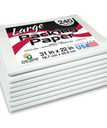 Movin Made Easy With 240 Large 31X22 Inch Newsprint Packing Paper Sheets For Wrapping Dishes And Glassware During Moving Shipping And Storage Recyclable Movers Paper Made In USA, stack of white newsprint sheets with label.