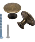 Antique brass cabinet knobs set with screws, 1.18 inch diameter, 0.83 inch height, for cupboards and doors, 32 piece