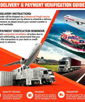 Delivery and payment verification guide with shipping methods: airplane, cargo ship, truck; instructions for customers.