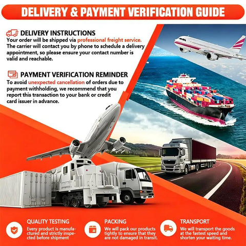 Delivery and payment verification guide with shipping methods: airplane, cargo ship, truck; instructions for customers.