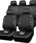 Front and rear view of PU Leather Bling Diamond Car Seat Covers Full Set Waterproof Durable With Rear Zipper Universal Fit in black.