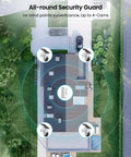 Top view of a house showing Wireless Outdoor Security Camera System With Solar Power 4 Camera 4MP HD Surveillance coverage areas.