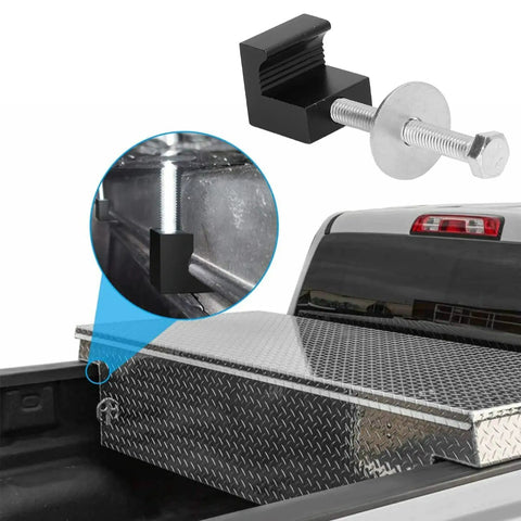 Heavy Duty Aluminum J Clamp Toolbox Mount 4 Piece Set For Trucks No Drilling on pickup truck bed with close-up of installation
