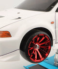 4 Pack 2.45 Inch Hard Plastic RC Drift Tires With 12mm Hex On Road Touring Bald Wheels Red For 1 To 10 Scale RC Cars And Trucks Universal Match For Traxxas Tamiya Kyosho HSP WLtoys on white RC car