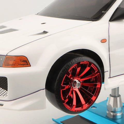 4 Pack 2.45 Inch Hard Plastic RC Drift Tires With 12mm Hex On Road Touring Bald Wheels Red For 1 To 10 Scale RC Cars And Trucks Universal Match For Traxxas Tamiya Kyosho HSP WLtoys on white RC car