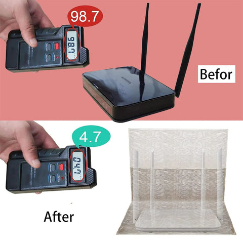 Comparison of EMF levels before and after using EMF Blocking Faraday Box Router Cover For WiFi Shield And EMF Protection.