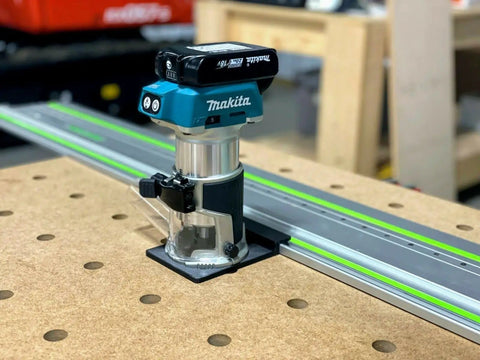 Killer Precision Router Guide Rail Adapter For Makita Tools installed on track for precise woodworking cuts.